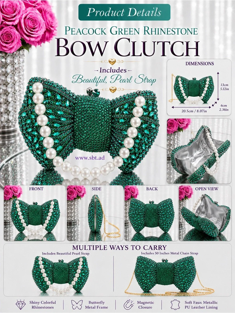 NEW Bow Clutch Purse Sparkling Bling Crystal Rhinestone Bag With Pearl Strap